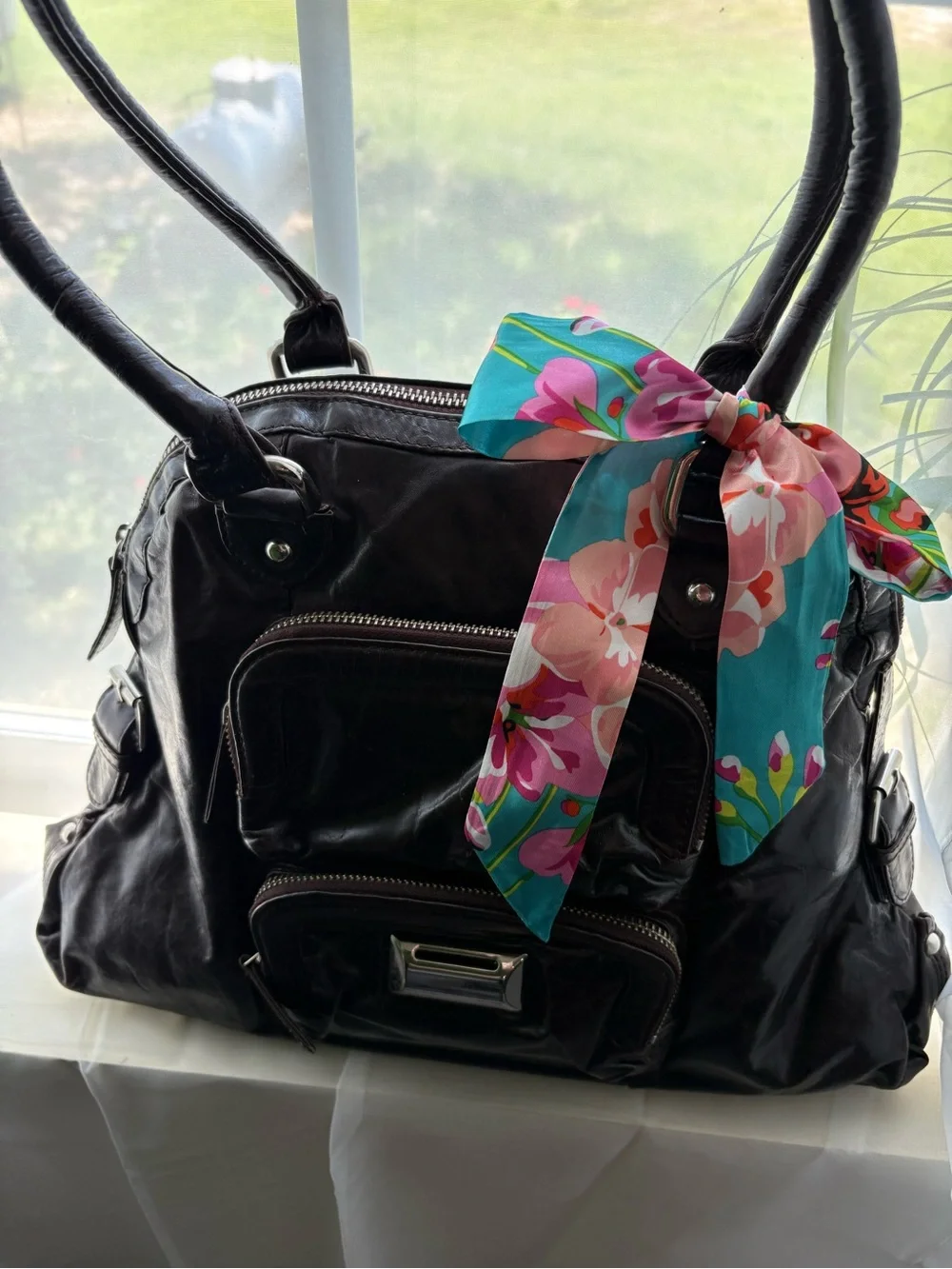 latico Dark Brown Leather Shoulder Bag with Blue Floral Scarf